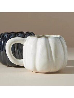 Anthropologie Pumpkin Shaped Mug NEW Ivory White Fall Autumnal Cottagecore